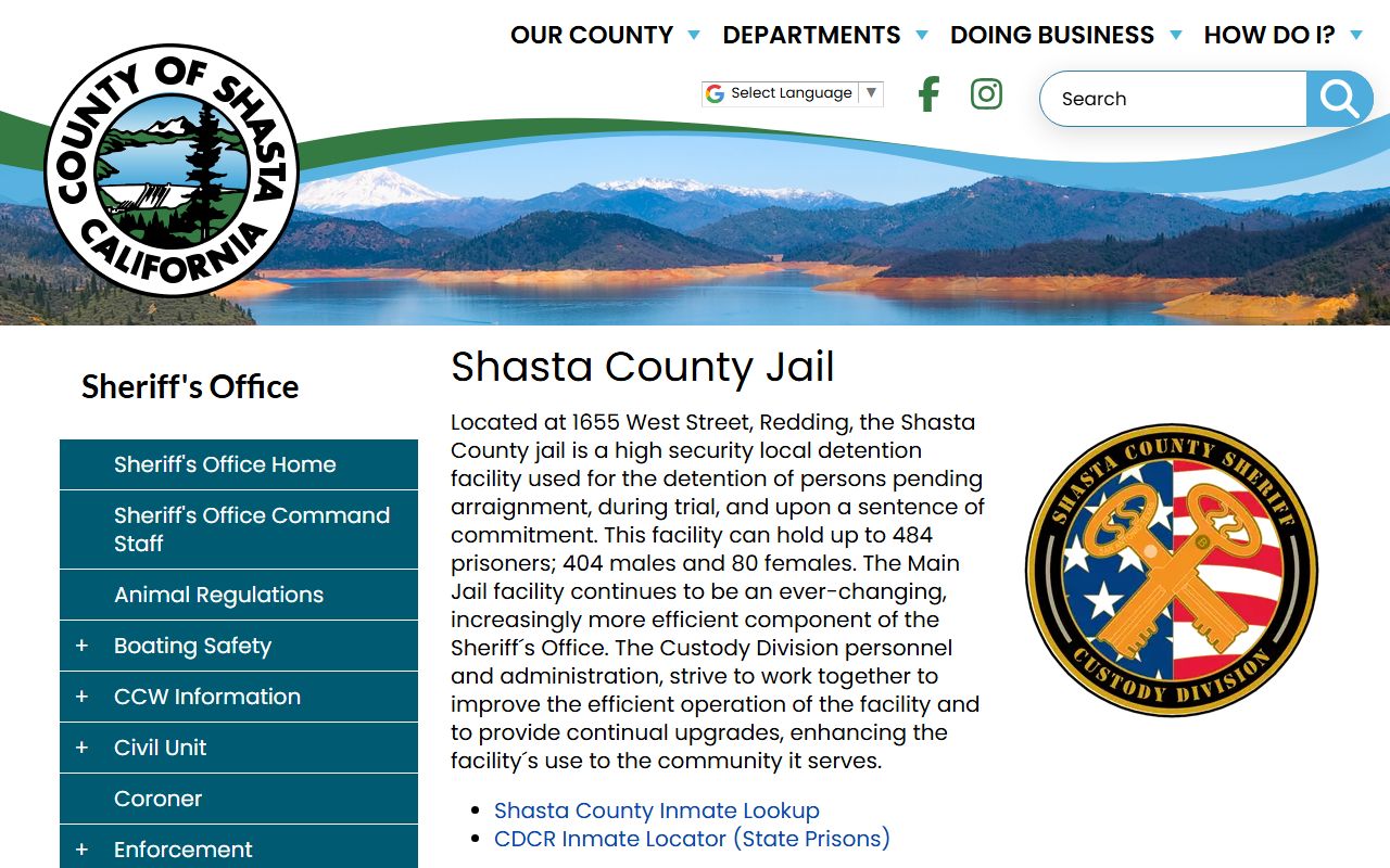 Shasta County Jail inmate lookup and jail information page