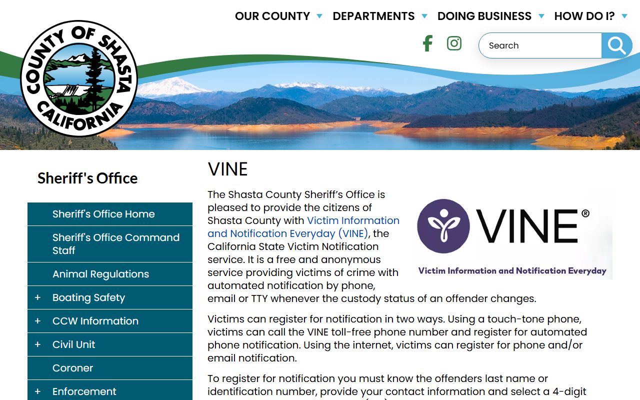 Shasta County inmate records VINE custody notification page