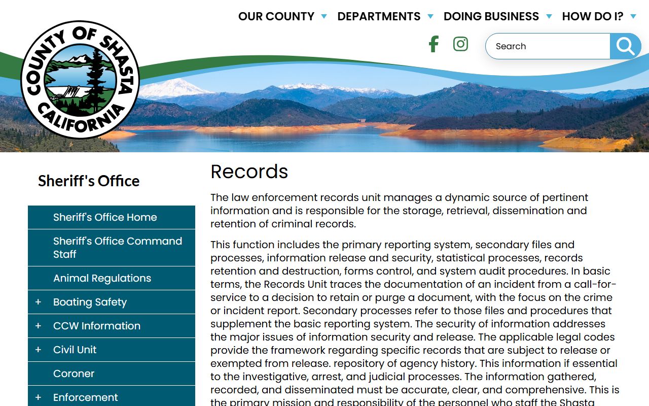 Shasta County inmate records Sheriff's Records Unit page